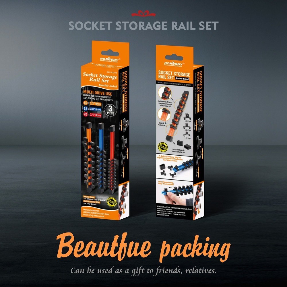 3pc Socket Organizer | 1/4 3/8 1/2" Mountable Sliding Holder Rail Tool Storage