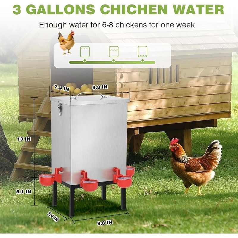 3 Gallons Chicken Waterer Stainless Steels Automatic with Latch Bottom Bracket