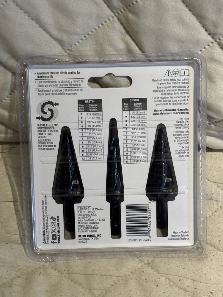 Klein Tools Step Drill Bit Set, Quick-Release, Double Fluted, 3-Piece QRST2S New