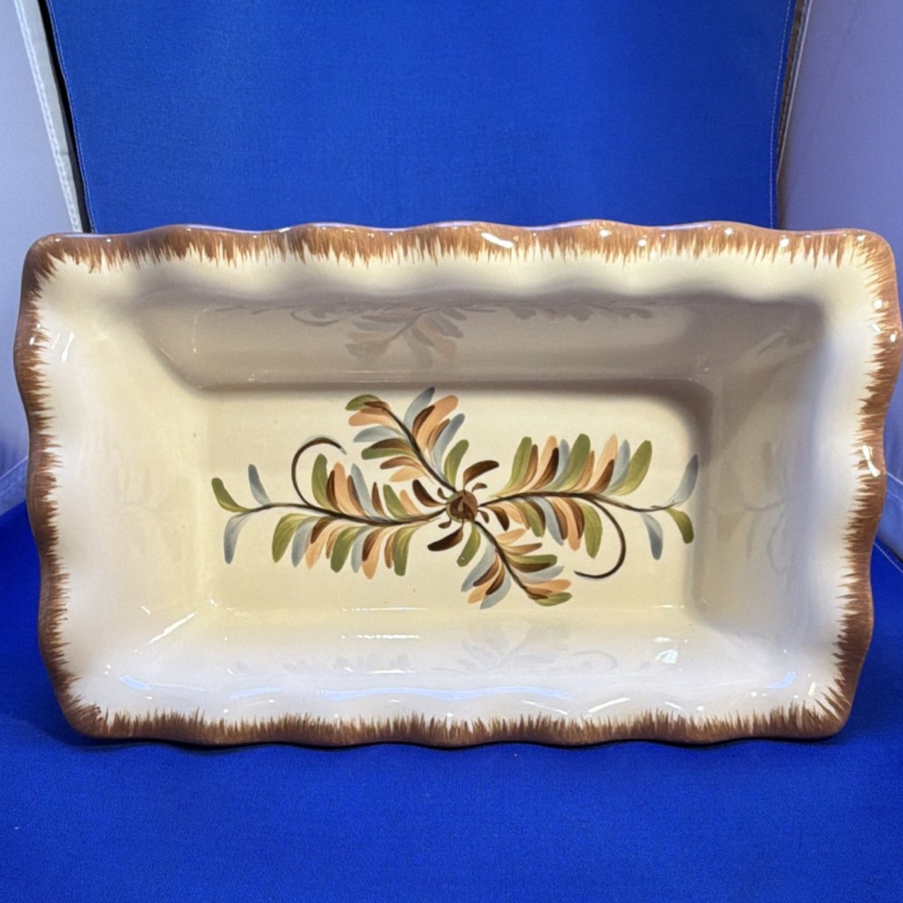 Gail Pittman Hand Painted Ceramic Rectangular Baking Dish Beige Brown Multicolor