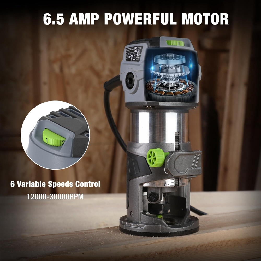 WORKPRO Compact Router Kit W/6 Variable Speeds 6.5Amp Corded Trimmer Router Tool
