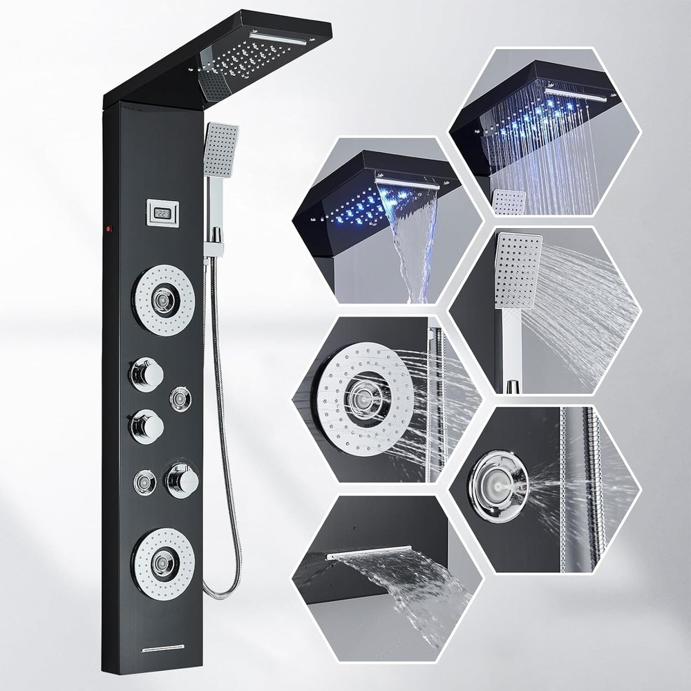 Shower Panel Tower System LED Rainfall Waterfall Shower Head w/ Body Massage Jet