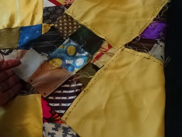 Vtg Handmade Quilt top-61" x 48" 9 patch blocks&silky gold solid-using men ties