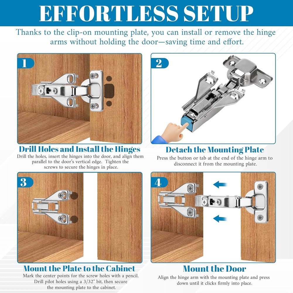 Overlay Buffer-Closing Cabinet Hinge—Adjustable Clip-On Concealed Cabinet Hinge