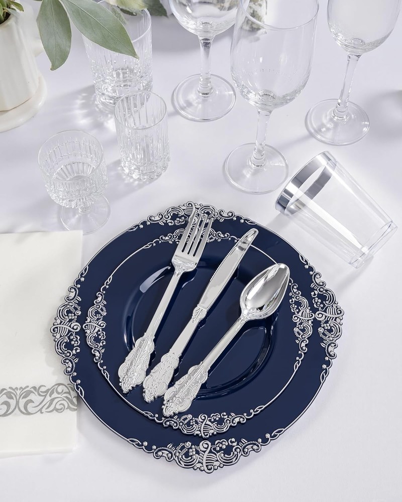 175pcs Blue & Silver Plastic Plates Elegant Disposable Dinnerware Set Suitable