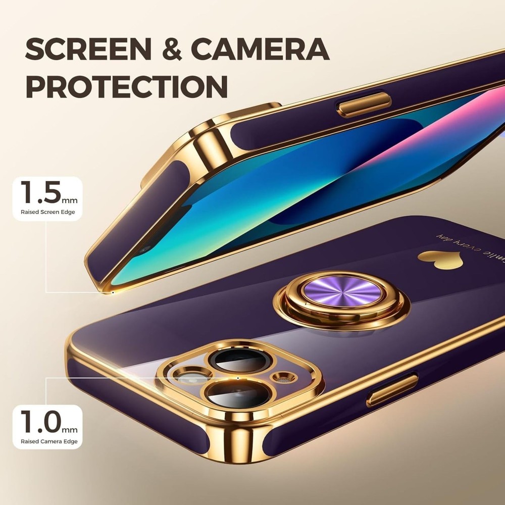 iPhone 13 Case with 2 Pack Screen Protector, 360° Rotatable Ring Holder - Purple