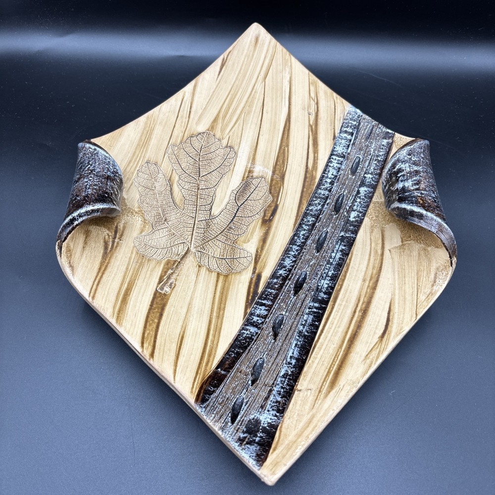 Studio Art Pottery Decor Dish Carved Leaf Pattern Metallic Curled Unsigned