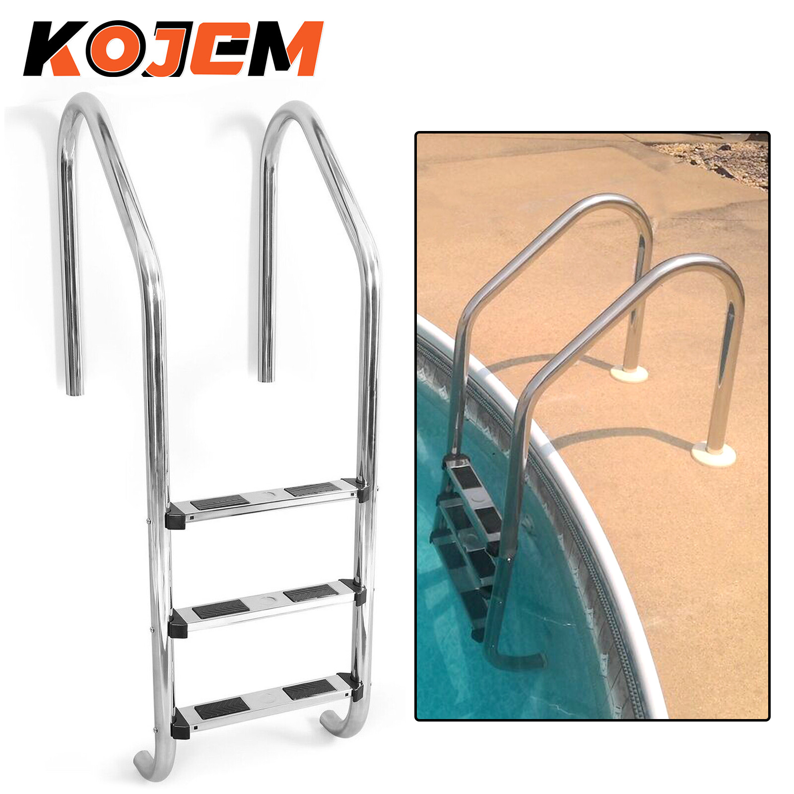 KOJEM Non-Slip 3-Step Stainless Steel Swimming Pool Ladder For In-Ground Pools