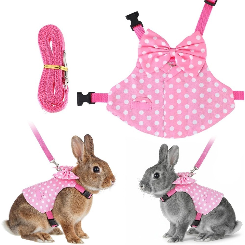 Pink Polka Dot Rabbit Harness and Leash Set Cute Easter Bunny Suit with Bow for