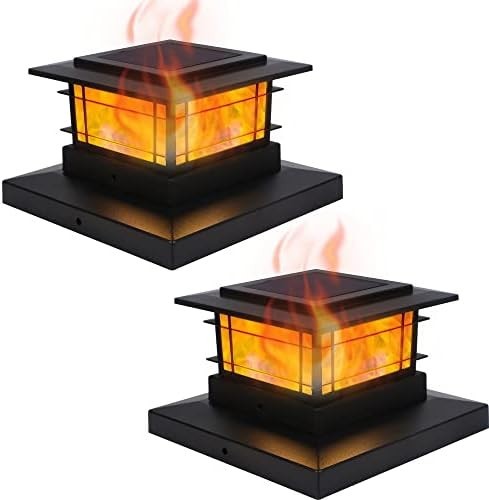 Dynaming 2 Pack Solar Post Cap Lights 2 Flickering Flame Lights, Black