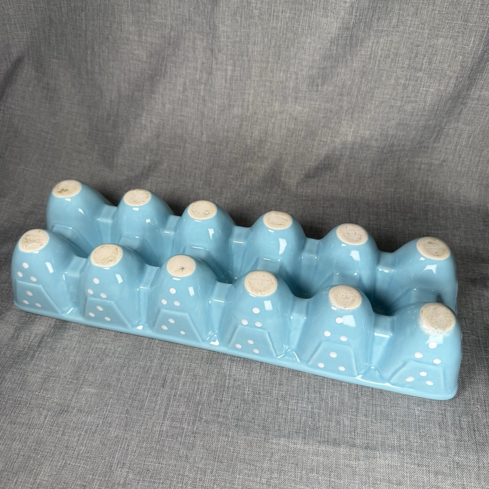 Ceramic Egg Dozen Holder Decor Light Blue White Polka Dot Cottagecore Easter