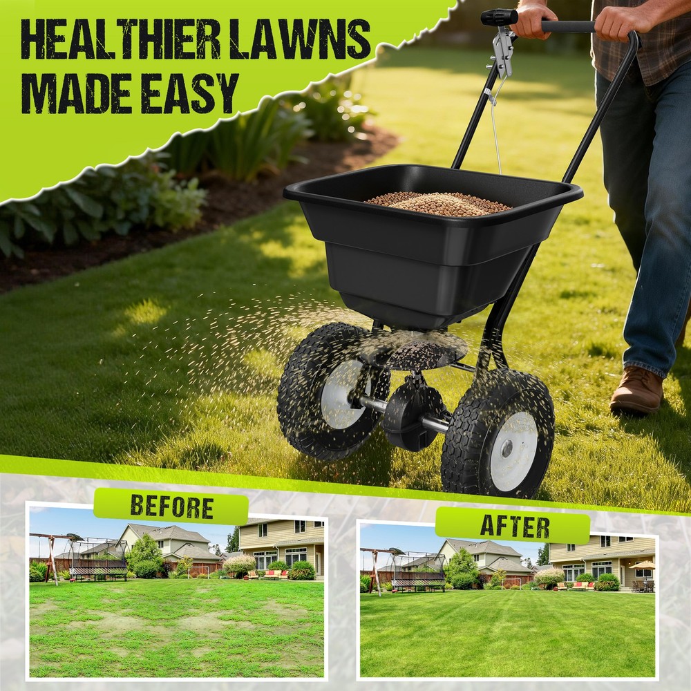 Push Lawn Spreader, 10ft Spreading Width, Broadcast Spreader with 80lbs Capacity
