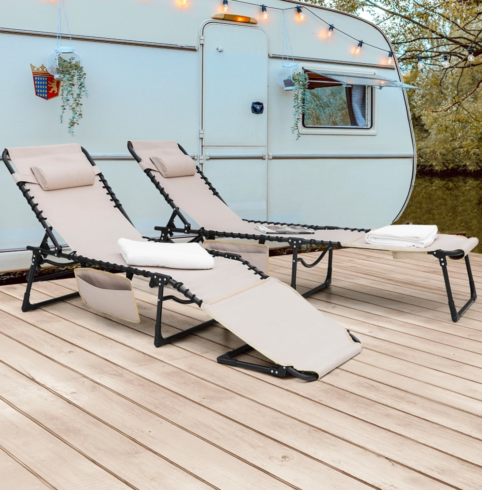 Nuu Garden Foldable Outdoor Chaise Lounge Chair Adjustable Patio Recliner Beige