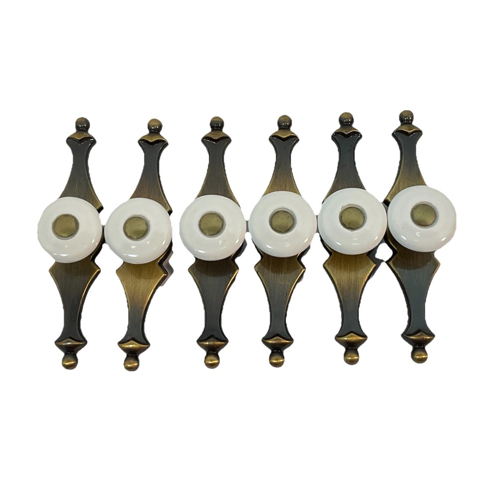 2 Vintage Amerock Porcelain Cabinet Drawer Knobs Pulls Bronze Brass Backplate 5”