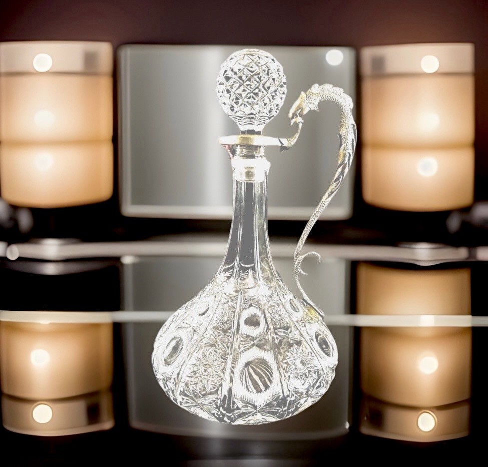 Glass Crystal Decanter Dragon Handle 11.5" Tall Italy