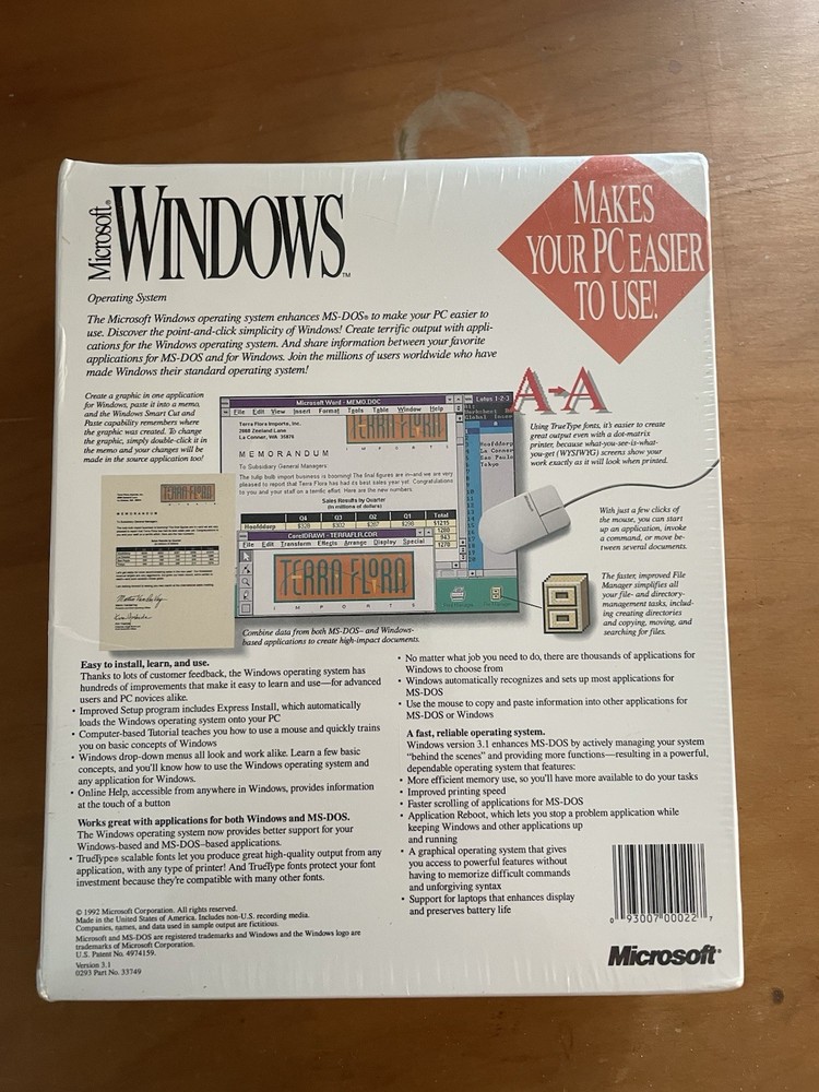 Microsoft Windows 3.1 Retail Box Floppy 3.5" Sealed