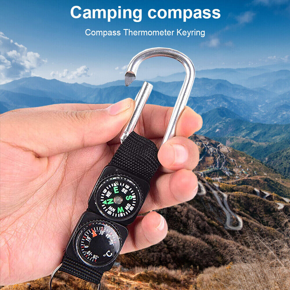 3PCS Mini Compass Thermometer Outdoor Camping Survival Keychain Carabiner Kits