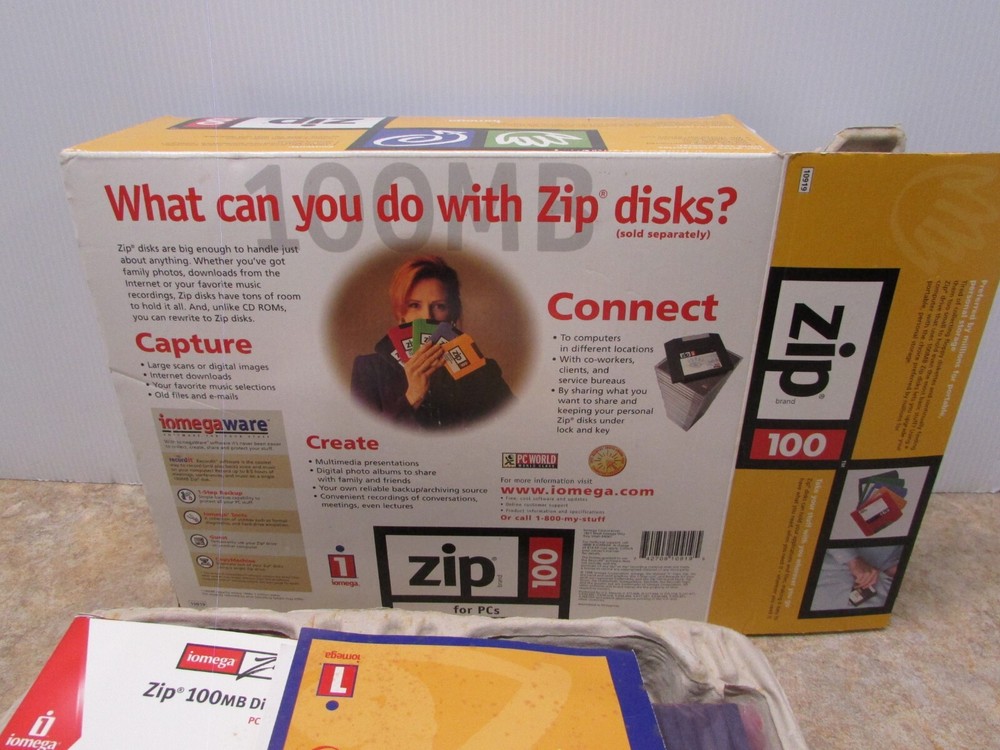 Iomega ZIP 100 External/Parallel Zip Drive Box/Cable/3 Discs, PC, Tested