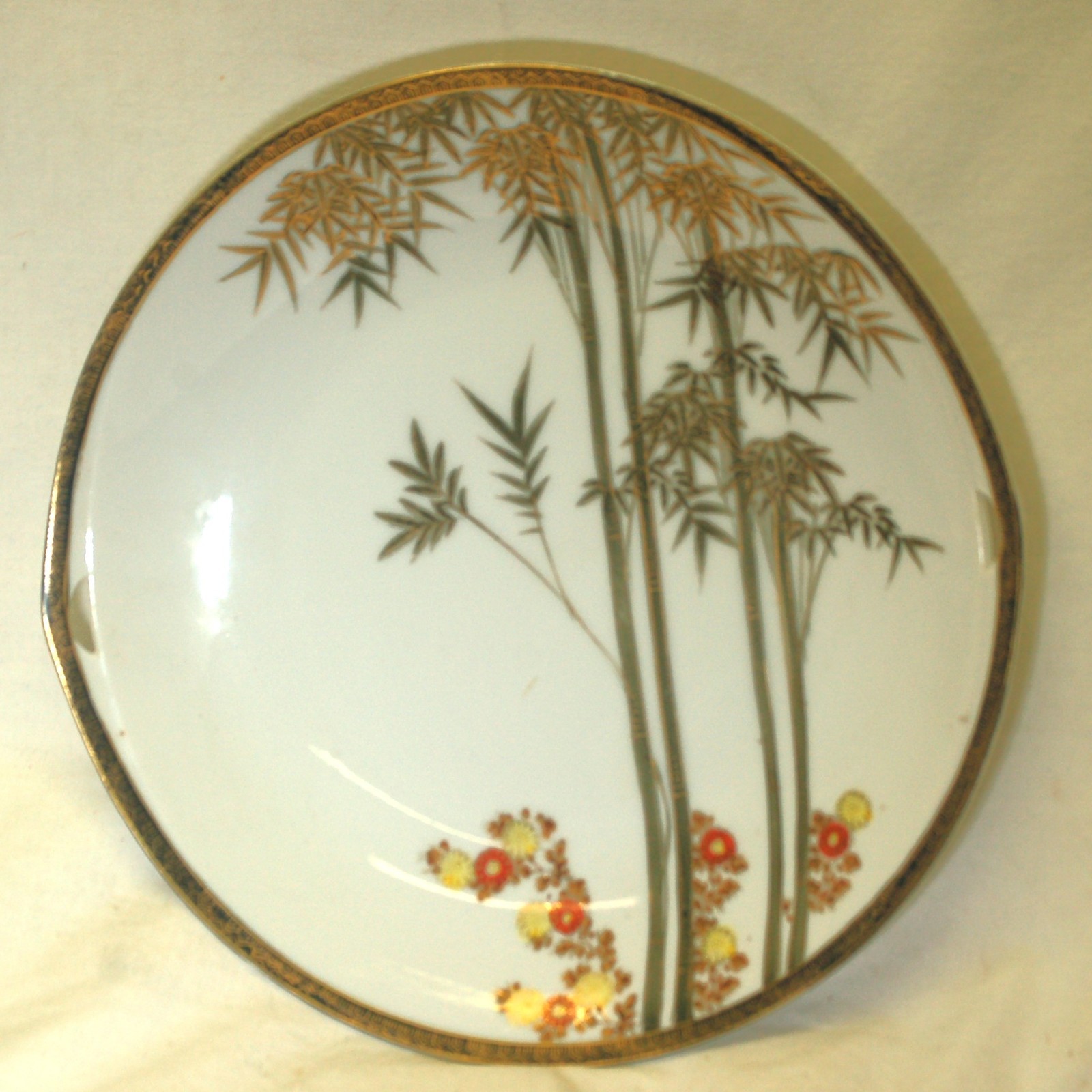 Kutani Serving Platter Bamboo Red Yellow Flowers Encrusted