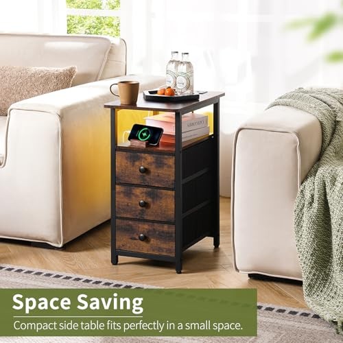 End Table with Charging Station, LED Narrow Side Table 3-Drawers Rustic Brown