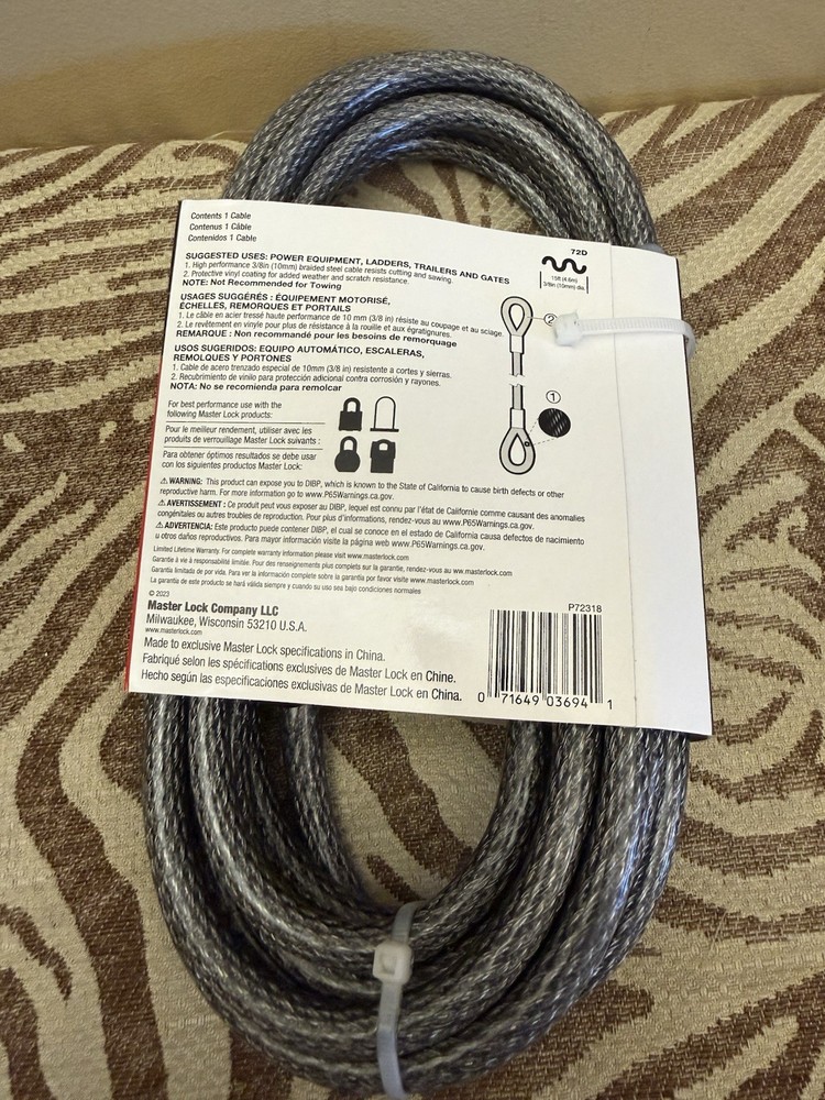 Master Lock 72DPF 3/8in Flexible Braided Steel U-Locks Cable