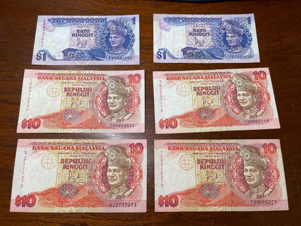 Early Malaysia 1 & 10 Ringgit 6 Banknotes Lot