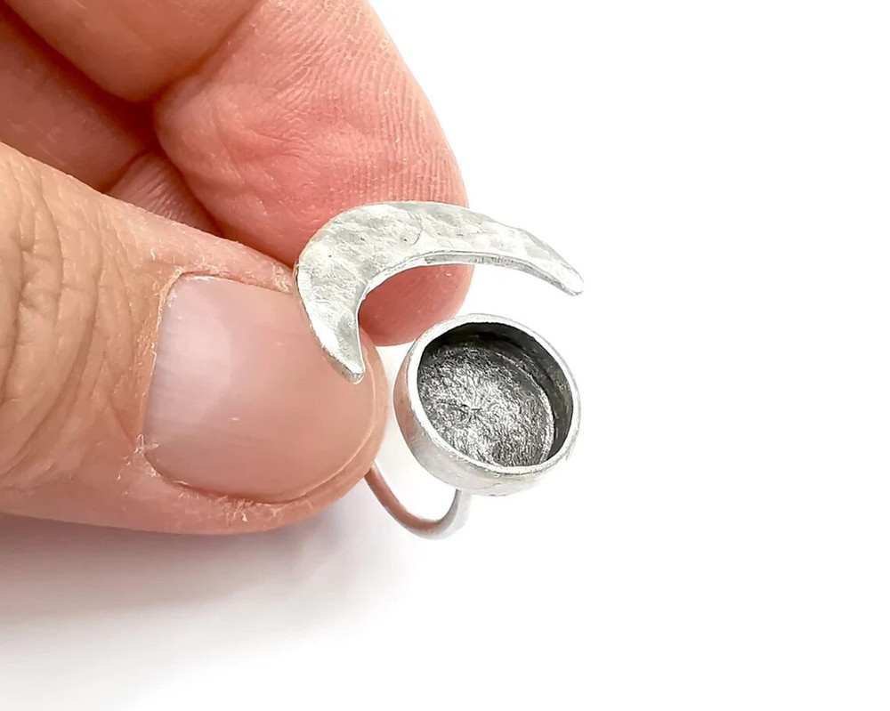 Crescent Moon Silver Ring Blank Base Bezel Settings Cabochon Base Mountings