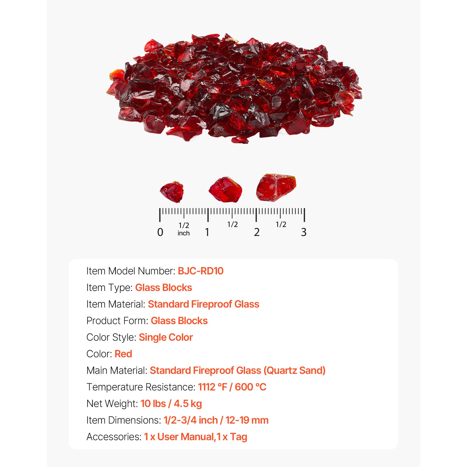 Uimoso 10 lbs Red Fire Glass 3/4-Inch for Fire Pits and Fireplace Tables
