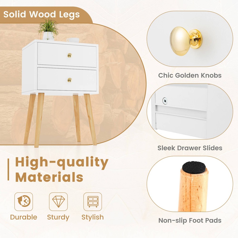 Costway 2PC Modern 2 Drawers Nightstand Sofa Side Table End Table Elegant White