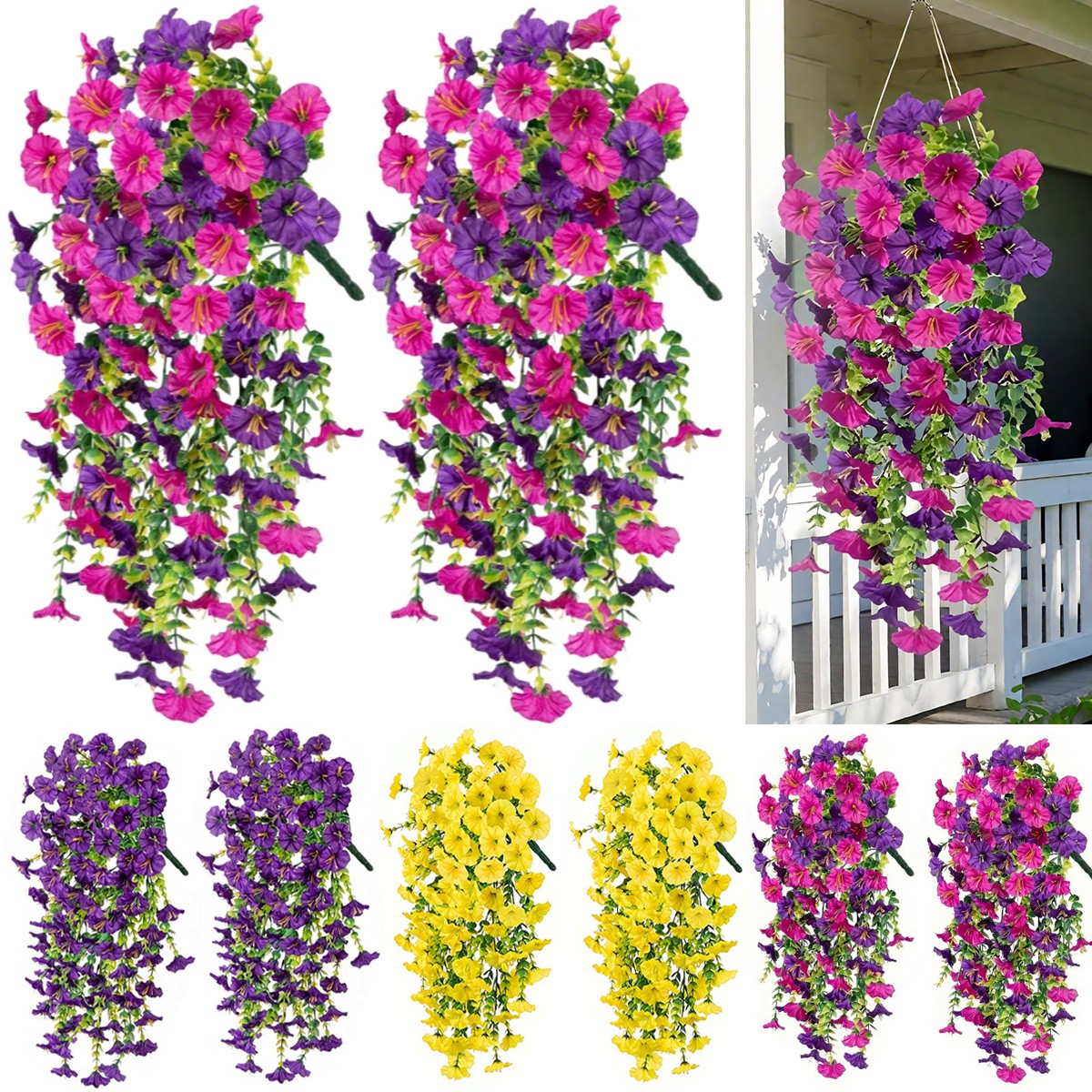 4PCS Artificial Morning Glory Vines UV Resistant Hanging Flowers Outdoor Decor