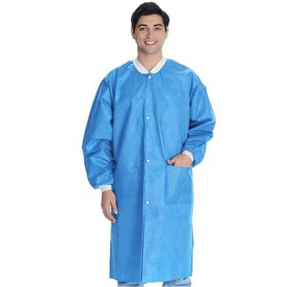 Pack of 10 Disposable Lab Coat Blue SMS with Pockets Adult Knitted Collar Cuffs