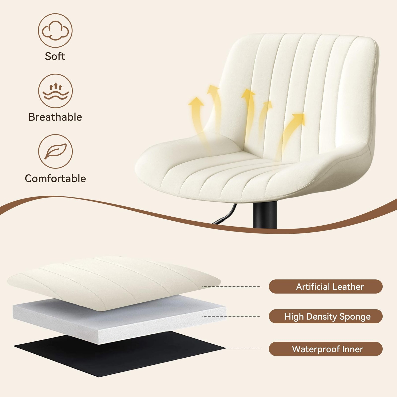 Set of 2 Bar Stools with Backs Adjustable Swivel Counter Height Fabric Off-White