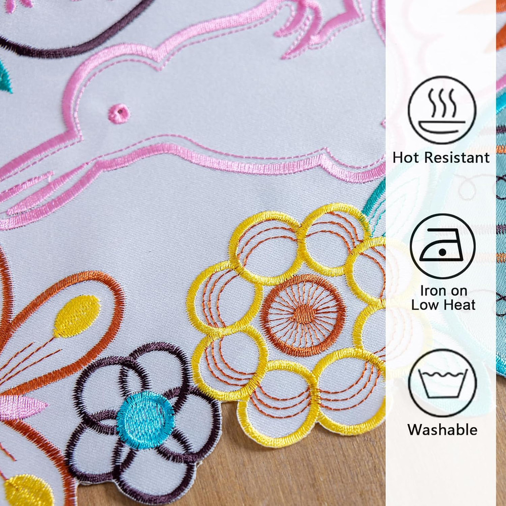 Easter Bunny Eggs Table Runner, Spring Flowers Butterfly Table Runners, Cutwork