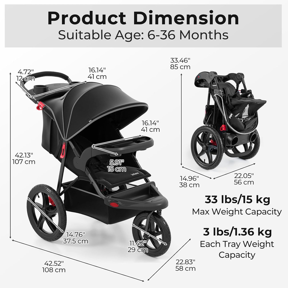 Foldable Jogging Stroller with Air-Filled Tires & Adjustable Backrest