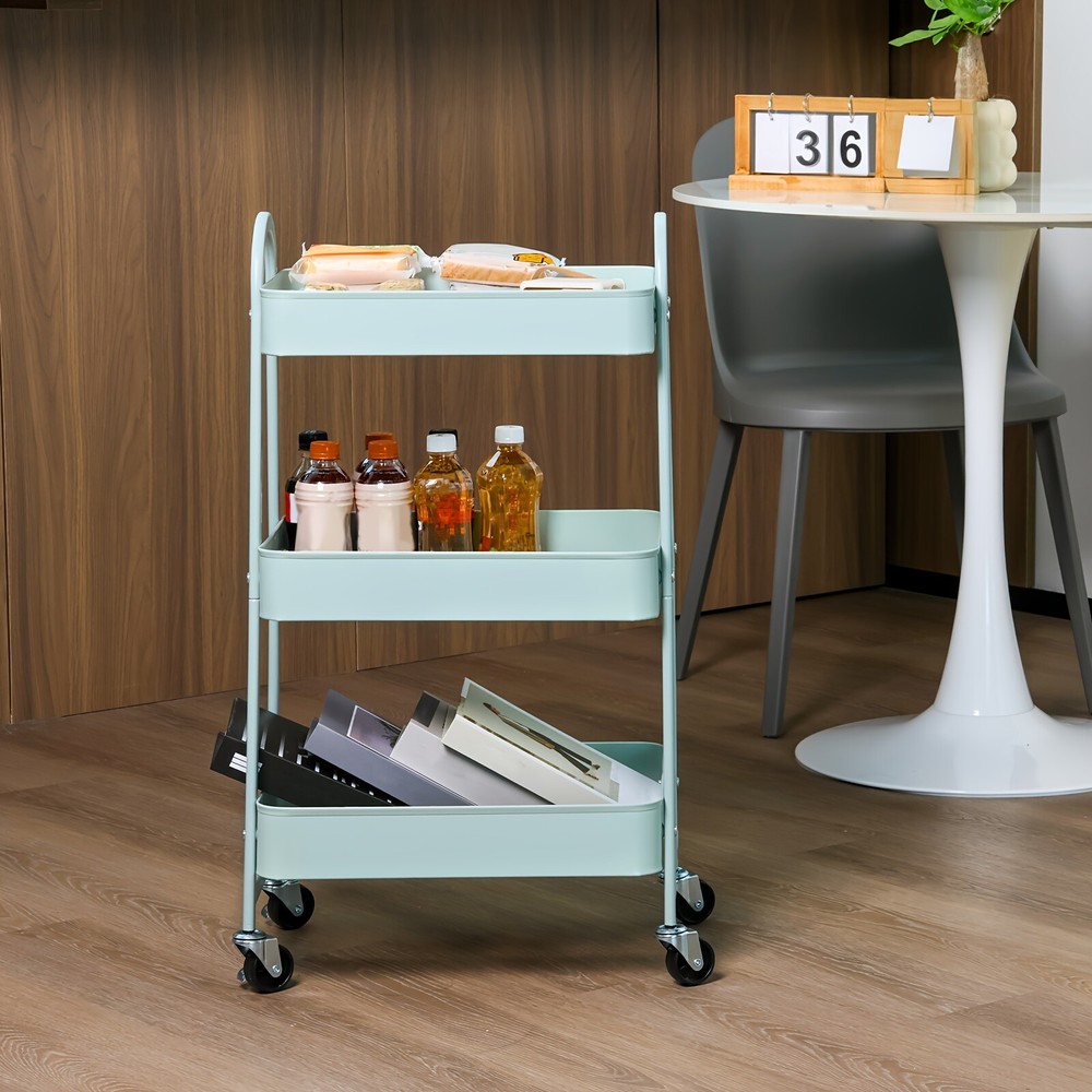 3-Tier Rolling Kitchen Cart, Metal Frame with Plastic Wheels, Space-Saving