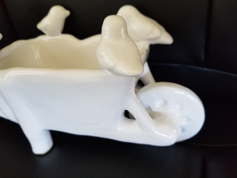 Wheelbarrow & 4 Birds Ceramic White Planter, Candy Dish or Decorative Figurine