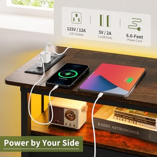 End Table with Charging Station, LED Narrow Side Table 3-Drawers Rustic Brown