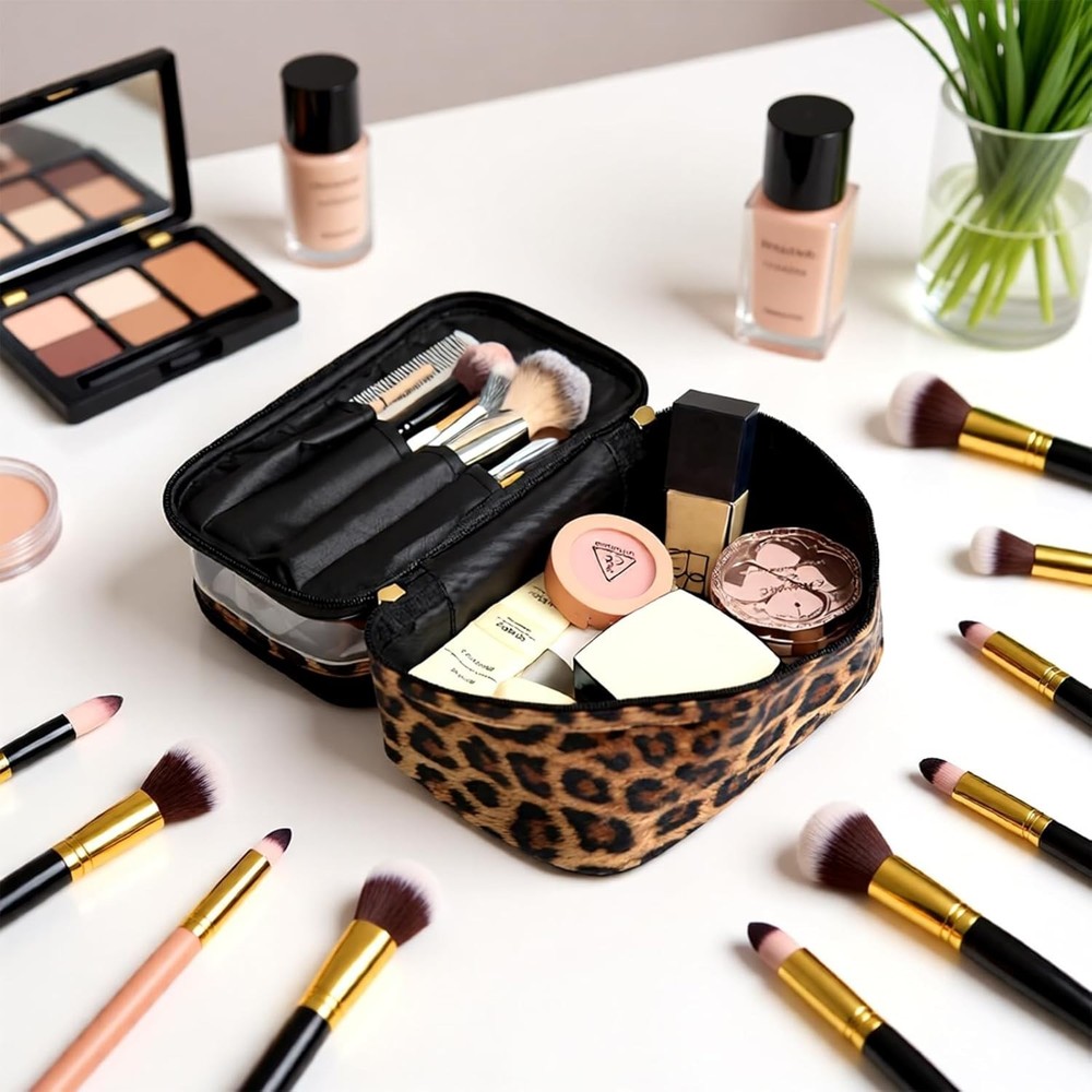 Double Layer Leopard Makeup Bag Travel Cosmetic Case Waterproof