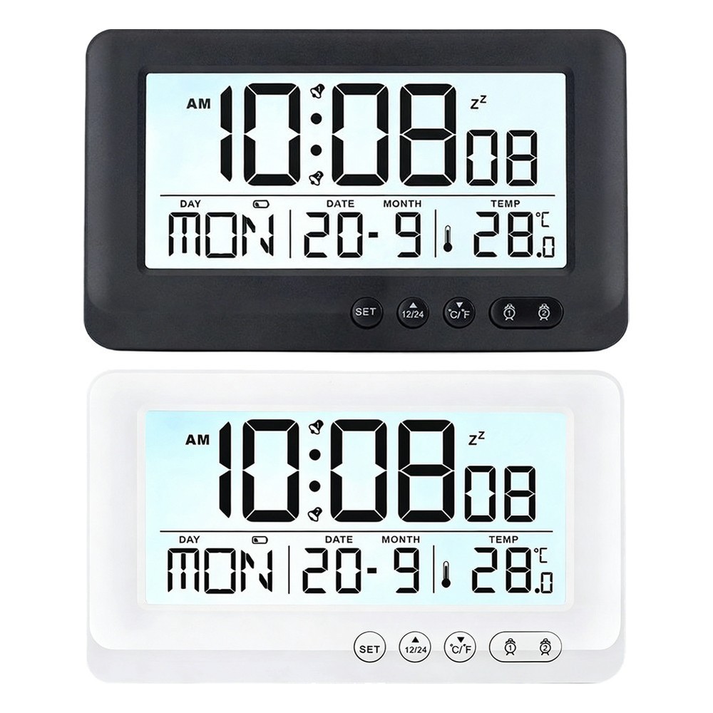 Multifunction LCD Clock Shows Time Date Week Temp 2 Alarms Snooze Function