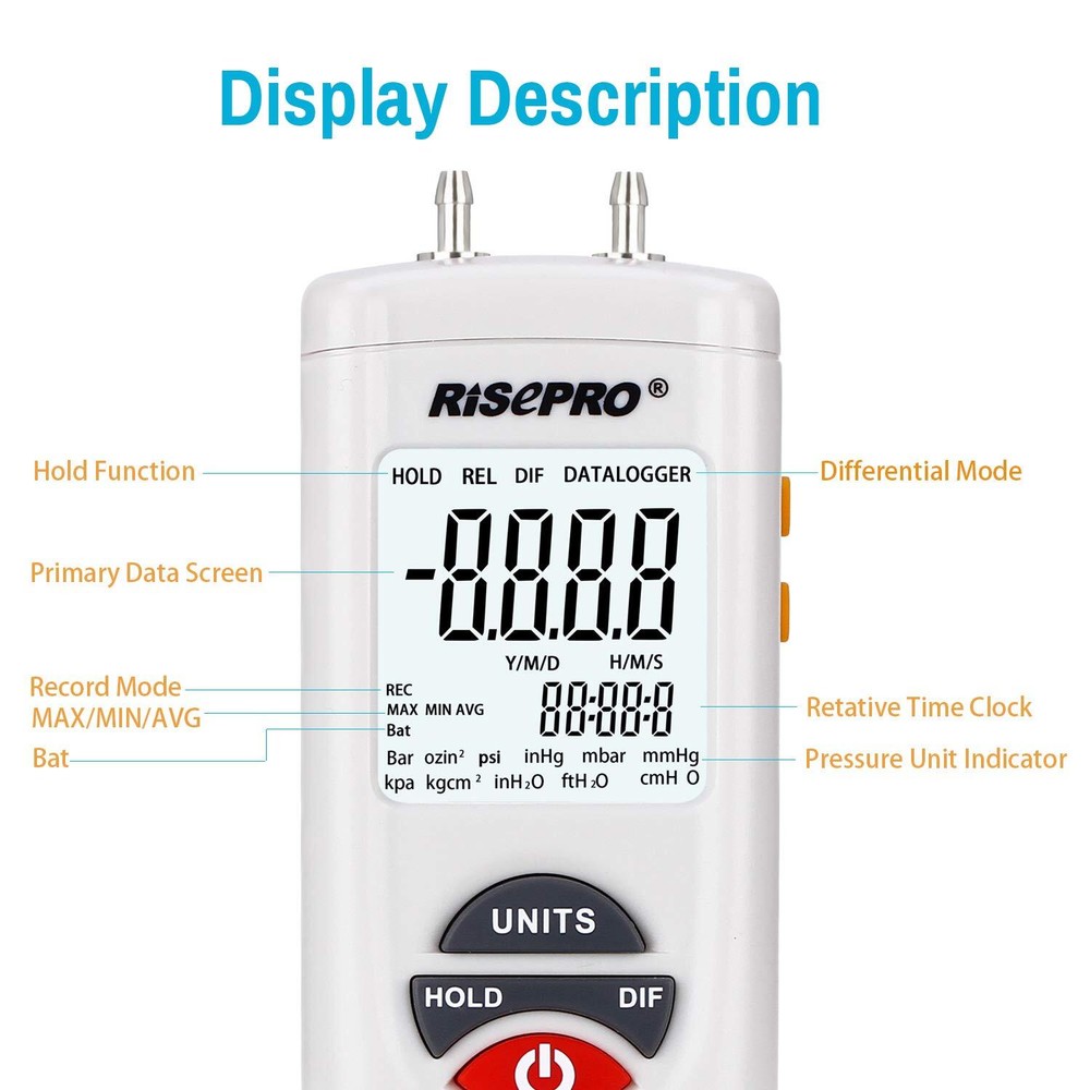 Manometer RISEPRO® Digital Air Pressure Meter and Differential Pressure Gauge...