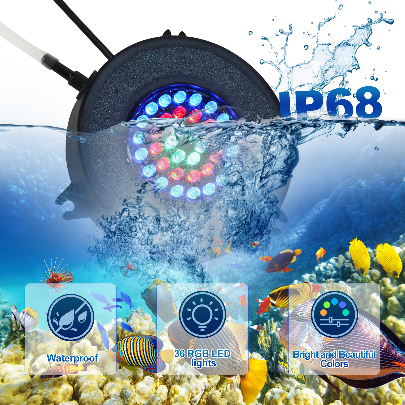 Air Stone Disk Aquarium Bubble LED Light 13 Color Changing Fish Tank Lights Lamp