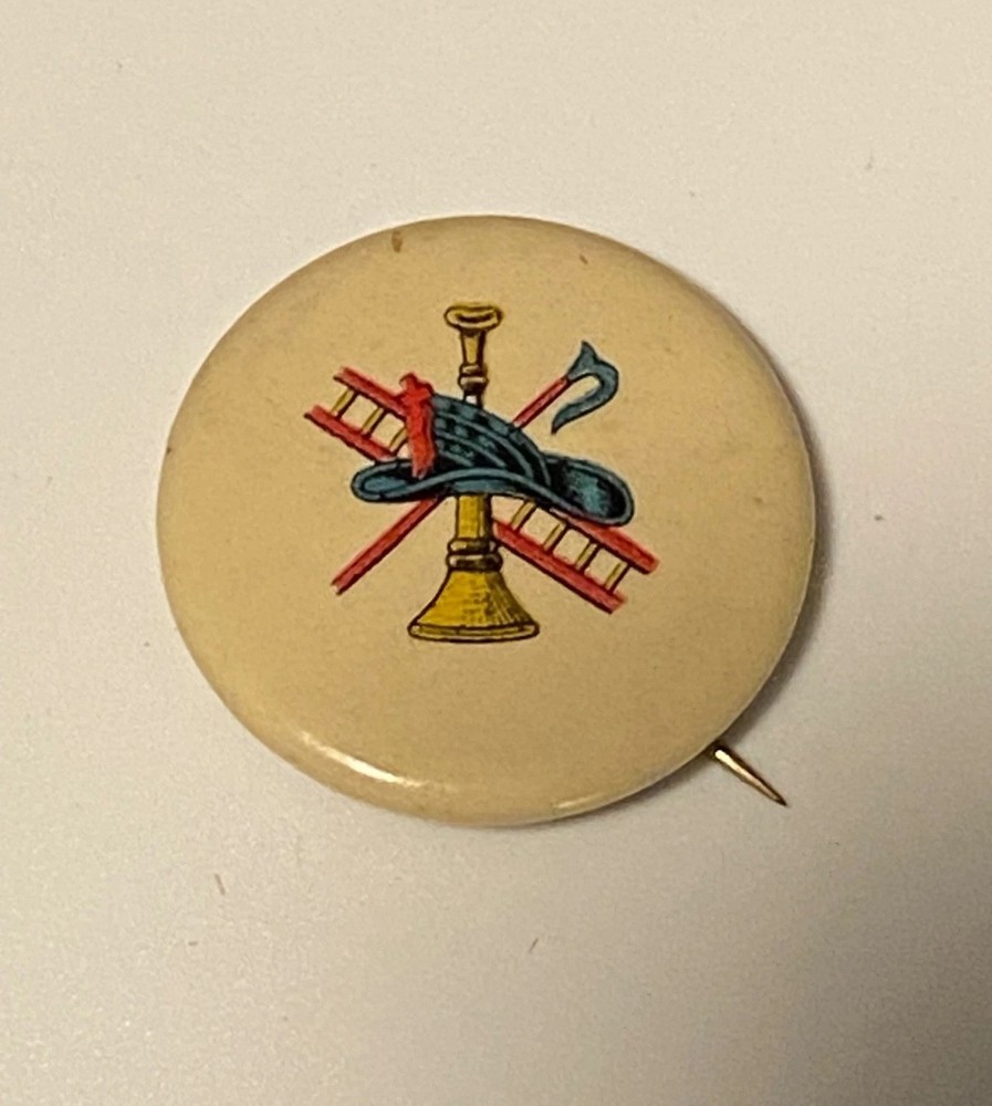 c1900 FIREMEN Firefighter Pin Fireman Pinback Fireman Litho Celluloid Insert