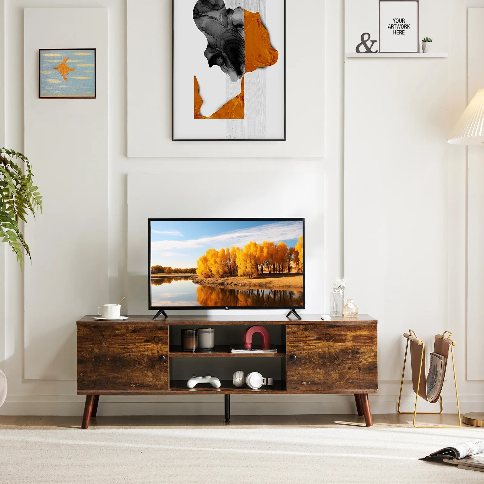 TV Stand for TVs up to 60", Modern Mid Century Entertainment Center with Storage