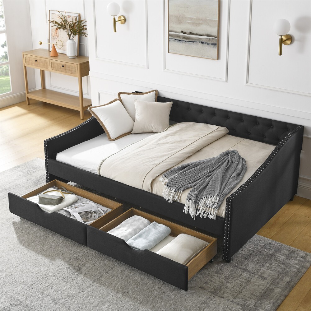 Full Size Daybed Upholstered Bed Frame Sofa Bed with 2 Storage Drawer US