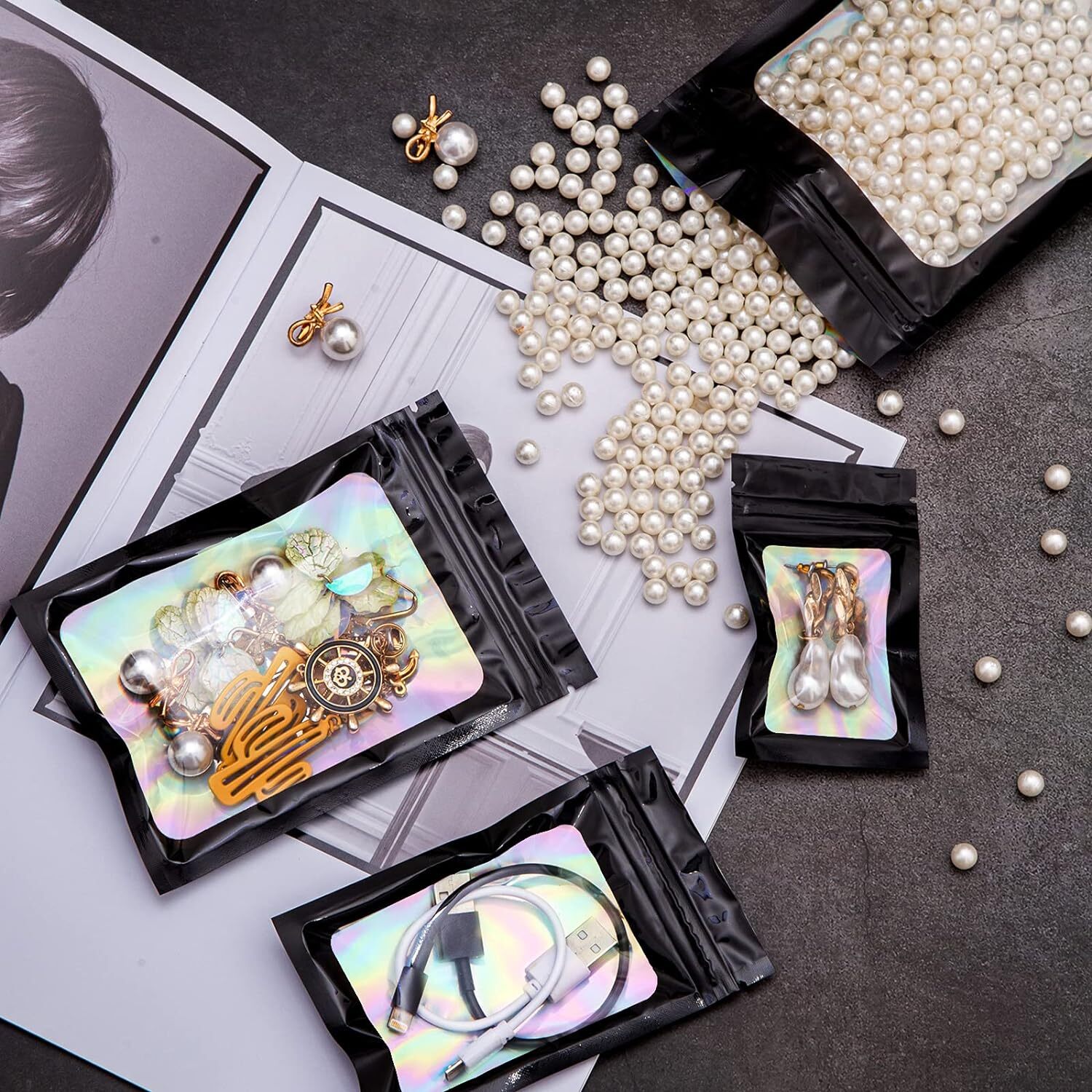 100/200Pcs Holographic Mylar Foil Bags Smell Proof Resealable Zip Seal Pouches