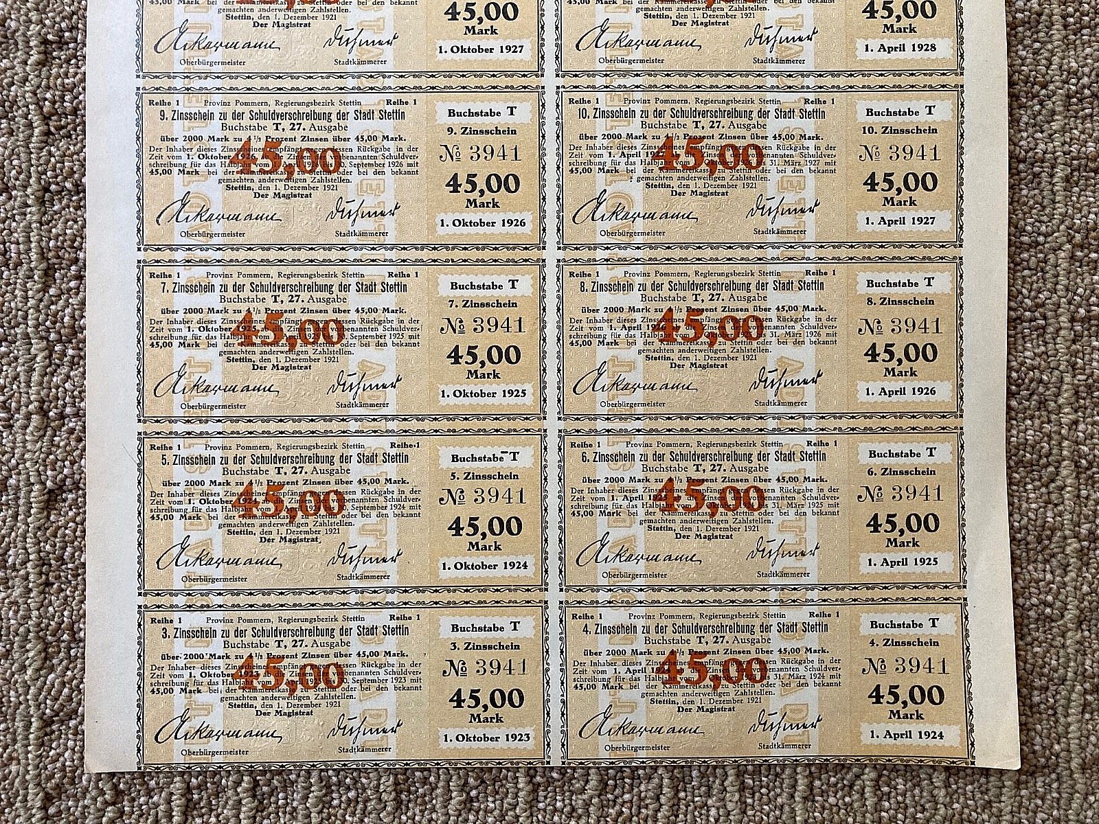 ORIGINAL - (OBSOLETE) GERMAN WEIMAR REPUBLIC BOND FOR STETTIN,GERMANY 2000 MARKS