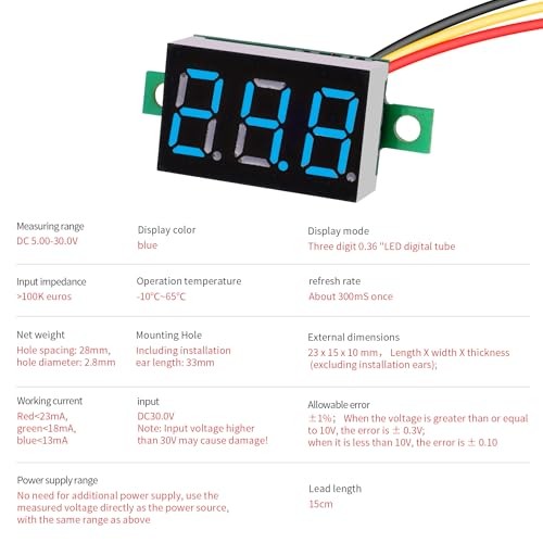 DC 0~30V Blue Digital Mini Voltmeter Three-Wire Calibratable 0.36" Blue 2 Pack