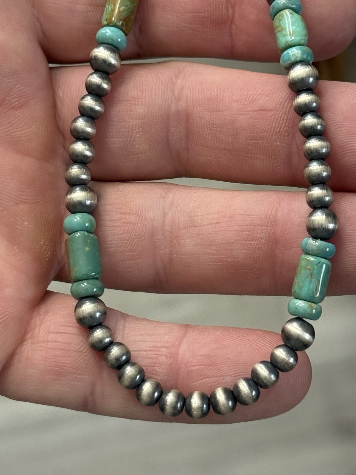 STERLING SILVER 5mm NAVAJO PEARL TURQUOISE CYLINDER BEADS BEADED NECKLACE .925