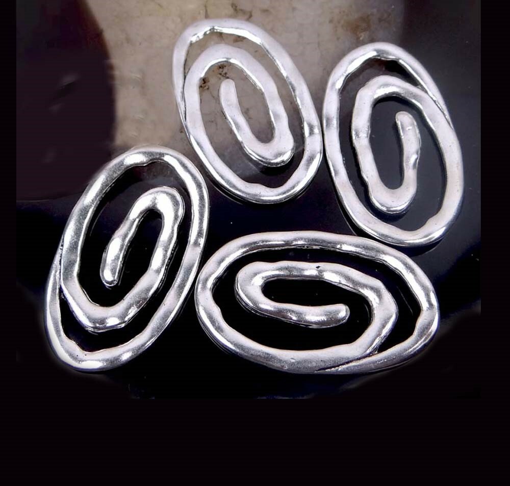 4 Silver Pewter Hammered Spiral Spired Large Oval Link 37x22mm