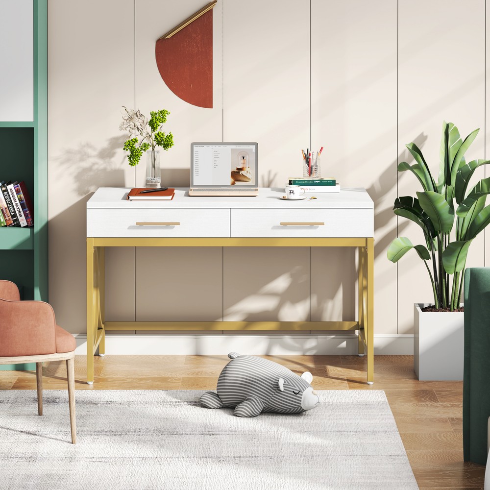 41" White Computer Desk with 2 Drawers, Modern Study Writing Desk with Storage